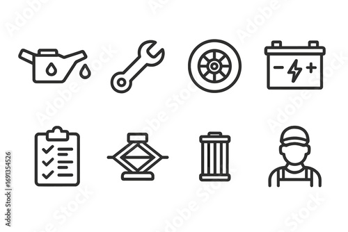 Fuel Truck Icons. Outline icon set of fuel truck maintenance: oil can, wrench, tire, filter, battery, inspection checklist, jack,