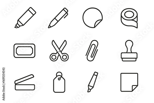 Labeling Tools Icons. Outline icon set of labeling tools: marker, pen, sticker, masking tape, label, scissors,
