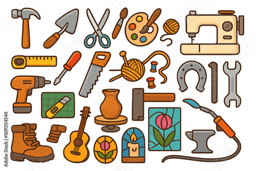 Collection of craft and trade tools. Icons for hobby, work, and professions like carpentry, sewing, painting, pottery, and blacksmithing. Vector cartoon illustration set.