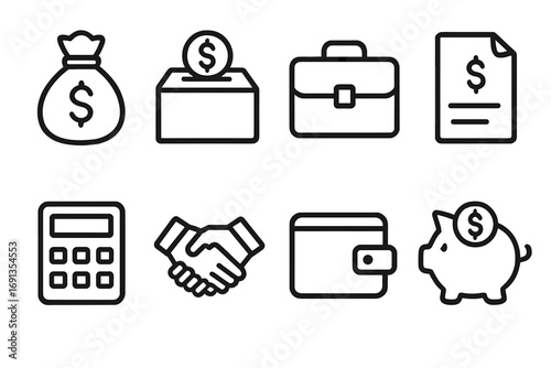 Funding Resources Icons. Outline icon set of funding and resources: money bag, donation box, briefcase, grant document, calculator