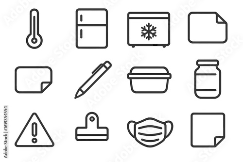 Food Safety Icons. Outline icon set of food safety: thermometer, fridge, freezer, label, date sticker, pen,