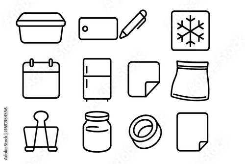 Leftover Icon Grid. Outline icon set of leftover identification: container, label, pen, date sticker, fridge,
