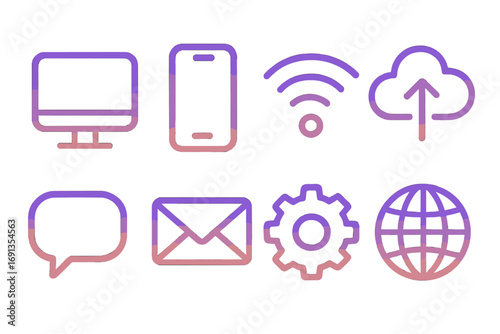 Minimalist gradient technology and communication icons set, computer, smartphone, WiFi, cloud upload, chat, email, settings gear, global network vector illustration