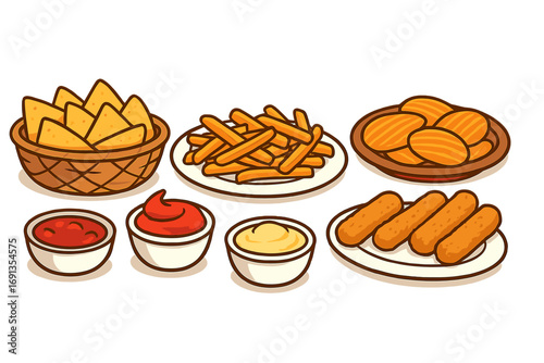 Cartoon fast food snack collection with nachos, french fries, chips, and fried sticks. Appetizer set with ketchup, salsa, and cheese dip. Isolated vector food icons.