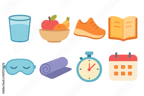 Daily Positive Habits. Flat vector mini-illustrations Daily positive habits in colors children's illustrations: water glass, fruit