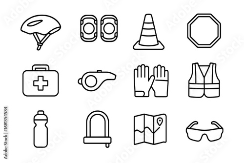 Cyclist Safety Icons. Outline icon set of cyclists and safety: helmet, knee pads, traffic cone, stop sign, first aid kit, whistle,