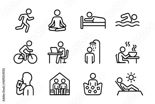 Daily Temperature Activities Icons. Outline icon set of daily activities influencing temperature: running, yoga, sleeping,