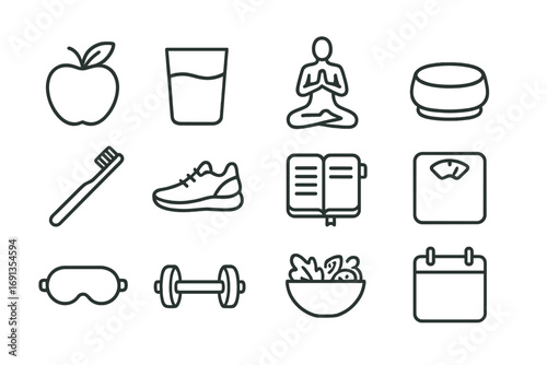 Daily Wellness Icons. Outline icon set of daily wellness habits: apple, water glass, yoga pose, meditation cushion, toothbrush,