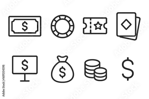 Gambling Icon Set. Outline icon set of stake types: cash bet, chip bet, ticket bet, side bet, jackpot, money bag, coins, dollar