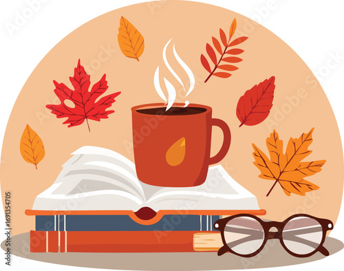 A cozy autumn scene with a steaming mug of coffee, a book, glasses, and maple leaves. A warm and relaxing concept for reading and hygge lifestyle. Generative AI
