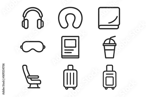 Air Travel Essentials. Outline icon set of Air travel relaxation: headphones, neck pillow, blanket, eye mask,