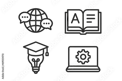 Minimalist vector icon set of language learning and technology tools with globe chat, open book, graduation cap lightbulb, and laptop gear on transparent background