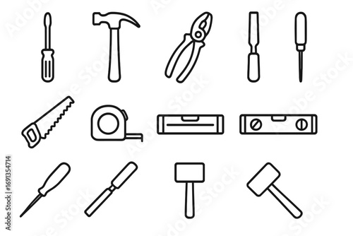 Tool Icon Set. Outline icon set of hand tools: screwdriver, hammer, pliers, chisel, handsaw, tape measure,