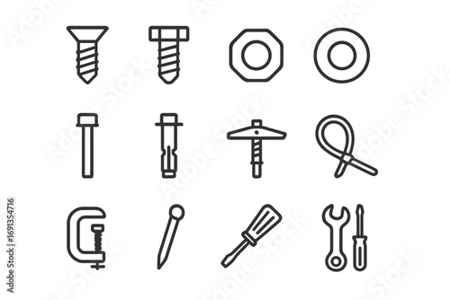 Fastening Tools Icons. Outline icon set of fastening tools: screw, bolt, nut, washer, rivet, anchor, toggle