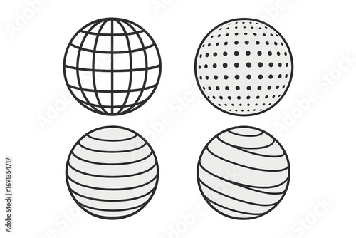 Set of abstract spheres. Collection of geometric balls with patterns. Globe wireframe grid, dotted halftone circle, striped line ball. 3D vector logo icon element design.