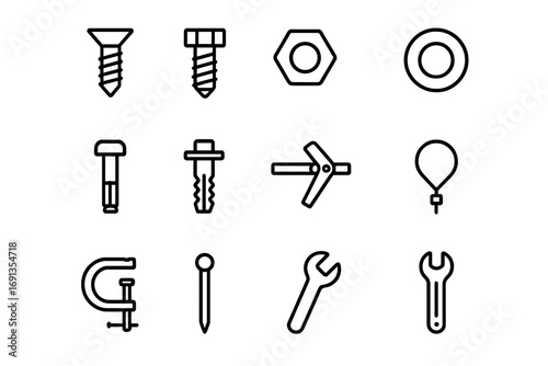 Fastening Tools Icons. Outline icon set of fastening tools: screw, bolt, nut, washer, rivet, anchor, toggle