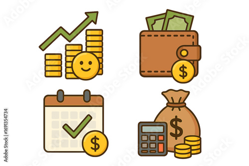 Financial growth icon set for money management. Budgeting strategy, investment, profit, and savings concepts. Vector cartoon finance icons for wealth and income planning.