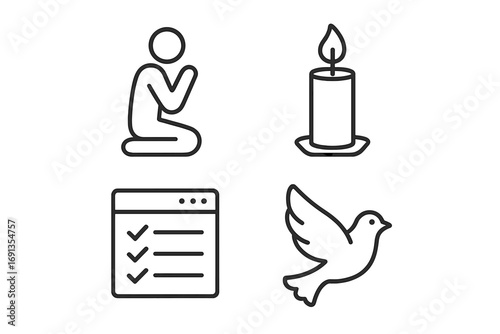 Minimalist outline icons set of prayer meditation candle checklist window and dove, spiritual symbols, peaceful calm, religious meditation vector illustration with transparent background
