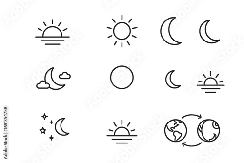 Day Night Icon Set. Outline icon set of Day and night cycle: sunrise, midday sun, sunset, moonrise, full moon, crescent moon,