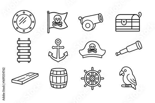 Pirate Playhouse Icons. Outline icon set of pirate playhouse: porthole window, flag, cannon toy, treasure