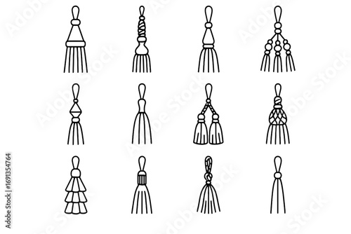 Decorative Curtain Tassel Icons. Outline icon set of decorative curtain tassels: classic tassel, twisted cord tassel, beaded