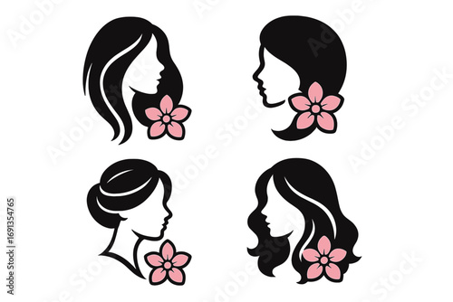 Woman profile silhouette with flower in hair icon set. Vector logo collection for beauty salon, spa, cosmetics. Feminine head graphic with different hairstyles and pink sakura.