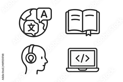 Minimalist language learning and technology vector icons set with globe, book, human head with headset, laptop coding symbols, education and digital skills concept illustration