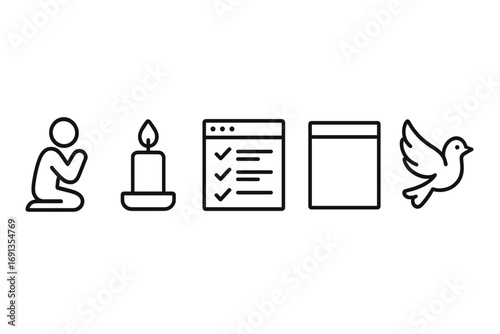 Minimalist outline icons set of prayer, meditation, candle, checklist, window, and flying dove symbols, vector cartoon illustration for spiritual, religious, and peaceful concepts