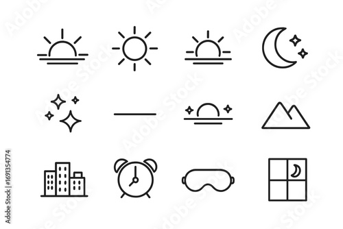 Day-Night Cycle Icons. Outline icon set of Day–night cycle: sunrise, midday sun, sunset, midnight moon, star cluster, horizon line