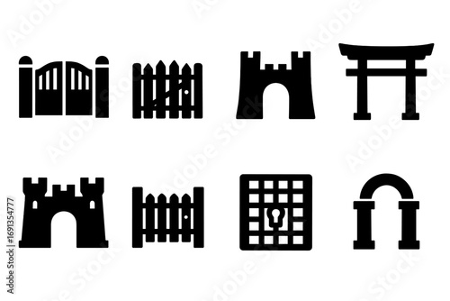 Gate Icon Set. Solid, filled icon set of gate locations: driveway gate, garden gate, city gate, temple gate, castle gate, fence