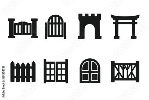 Gate Icon Set. Solid, filled icon set of gate locations: driveway gate, garden gate, city gate, temple gate, castle gate, fence