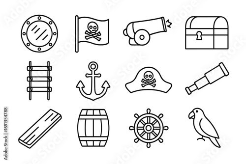 Pirate Playhouse Icons. Outline icon set of pirate playhouse: porthole window, flag, cannon toy, treasure