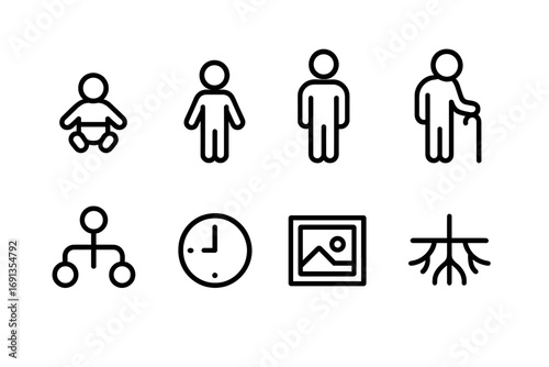 Generational Icons Outline. Outline icon set of generations: baby, child, adult, elder, family tree, clock, photo frame, roots.