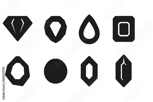 Gemstone Tiara Icons. Solid, filled icon set of tiara gemstones: diamond, ruby, sapphire, emerald, amethyst, pearl, topaz, crystal