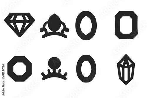 Gemstone Tiara Icons. Solid, filled icon set of tiara gemstones: diamond, ruby, sapphire, emerald, amethyst, pearl, topaz, crystal