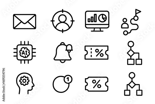 Marketing Automation Icons. Outline icon set of Personalized marketing automation: email campaign, target