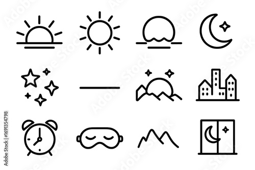 Day-Night Cycle Icons. Outline icon set of Day–night cycle: sunrise, midday sun, sunset, midnight moon, star cluster, horizon line