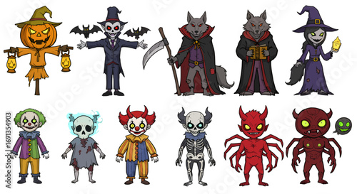 Cartoon Halloween characters, various spooky costumes, scarecrow, vampire, werewolf, witch, clown, skeleton, devil, and monster figures.