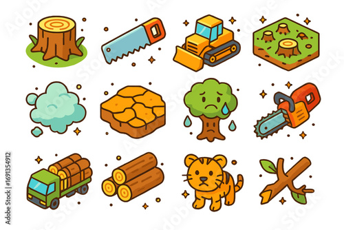 Deforestation Icon Set. Colorful isometric vector icons set of deforestation impact: tree stump, logging saw, bulldozer, cleared