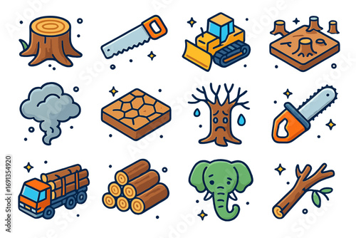 Deforestation Icon Set. Colorful isometric vector icons set of deforestation impact: tree stump, logging saw, bulldozer, cleared