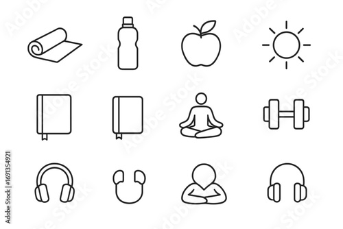 Nomad Wellness Icons. Outline icon set of Nomad wellness routine: yoga mat, water bottle, fruit, sun, journal,