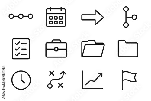 Project Planning Icons. Outline icon set of project roadmap planning: timeline, calendar, arrow, milestones,