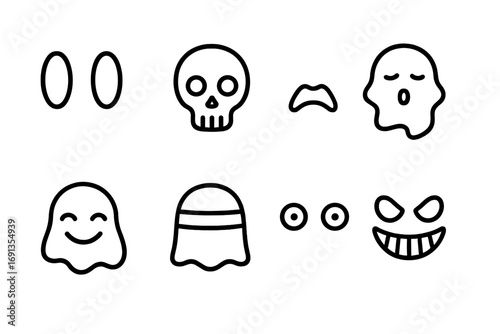 Ghostly Feature Icons. Outline icon set of ghostly facial features: hollow eyes, skull mask, ghost mouth, misty face, spectral