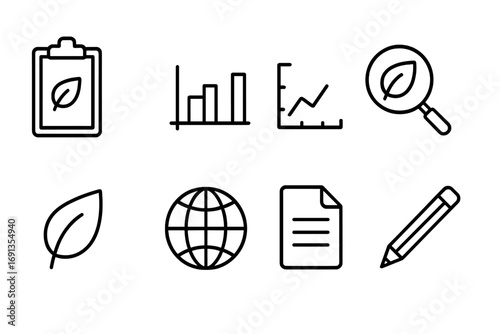 Environmental Icon Set. Outline icon set of Environmental reporting: clipboard, chart, graph, magnifying glass