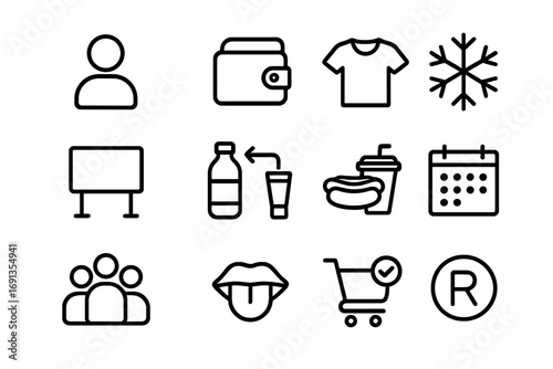 Demand Curve Icons. Outline icon set of demand curve factors: consumer profile, income wallet, fashion shirt, seasonal snowflake,