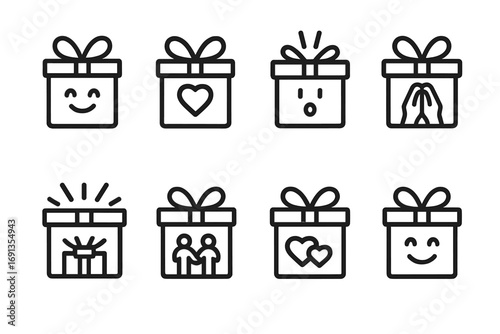 Gift Icon Set. Outline icon set of gift emotions: smiling face, heart, surprise, gratitude, excitement, friendship, love,