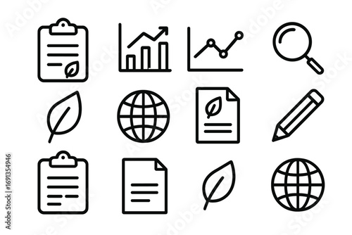 Environmental Icon Set. Outline icon set of Environmental reporting: clipboard, chart, graph, magnifying glass