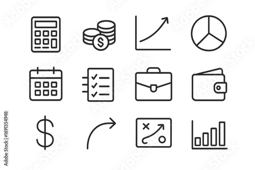 Financial Planning Icons. Outline icon set of financial planning: calculator, coins, graph, pie chart,