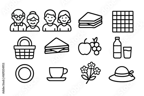 Family Picnic Icons. Outline icon set of family picnic events: grandparents, parents, children, picnic blanket