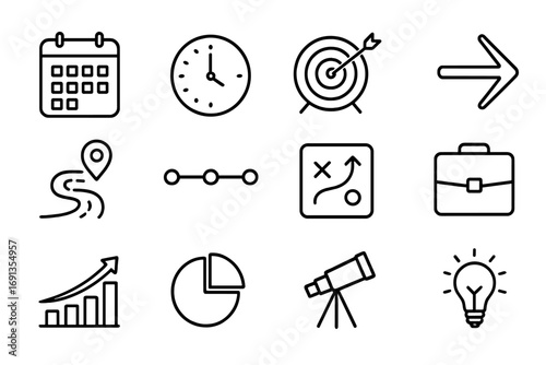 Planning Icon Set. Outline icon set of long-term planning: calendar, clock, target, arrow, road map,